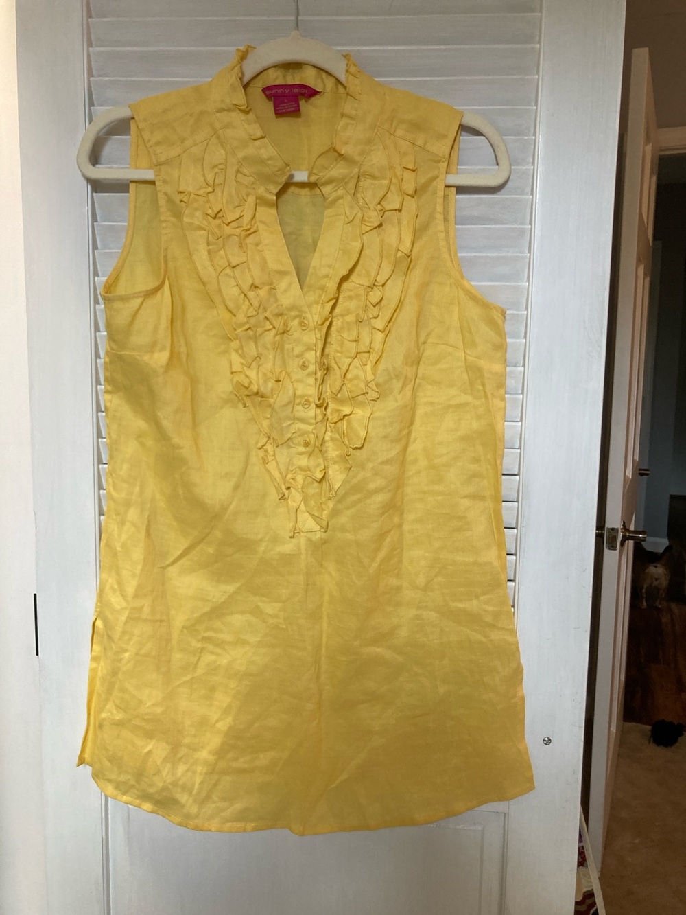 Sunny Leigh Yellow Ruffle-Front Sleeveless Blouse